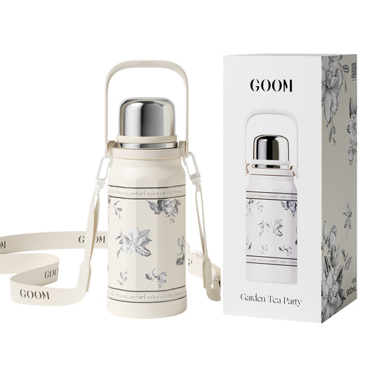 GOOM [THE GRIP] 32 oz Insulated Water Bottle with Lid, Carrying Strap and Strainer - Floral Whisper