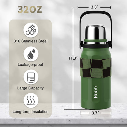 GOOM [THE GRIP] 32 oz Insulated Water Bottle with Lid, Carrying Strap and Strainer - Forest Haven