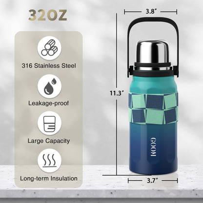 GOOM [THE GRIP] 32 oz Insulated Water Bottle with Lid, Carrying Strap and Strainer - Aqua Dream