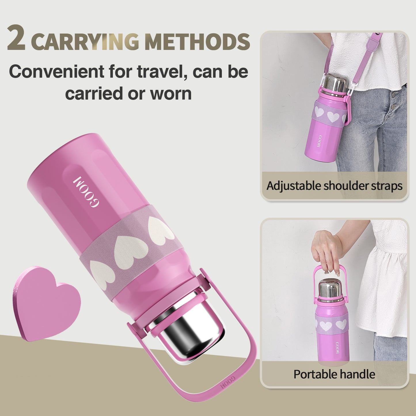 GOOM [THE GRIP] 32 oz Insulated Water Bottle with Lid, Carrying Strap and Strainer - Aurora Rose