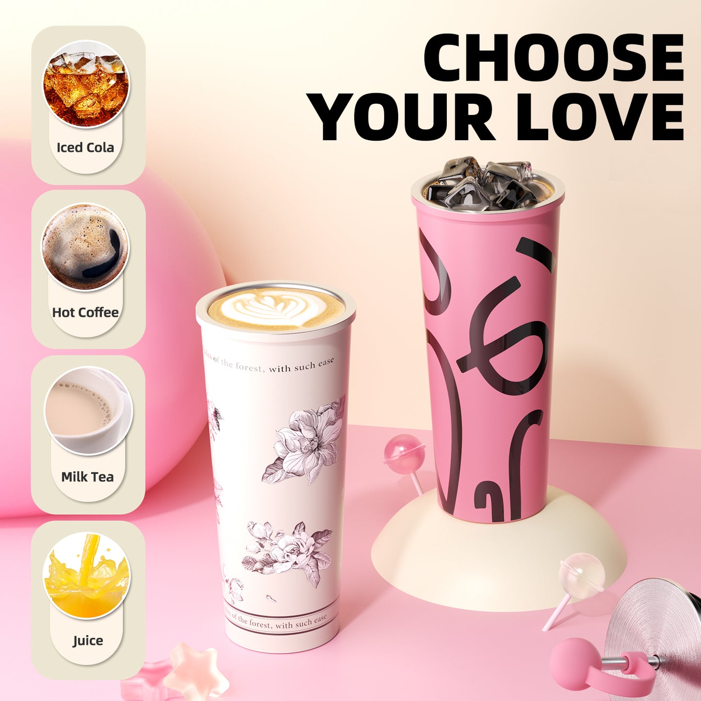 GOOM [GRAFFITI ARC] 20oz Tumbler with Screw-Top Lid, Built-In Straw, and Dust-Proof Ball Cap - Blush Blossom