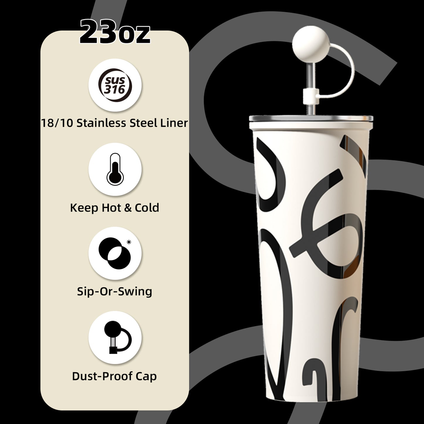 GOOM [GRAFFITI ARC] 20oz Tumbler with Screw-Top Lid, Built-In Straw, and Dust-Proof Ball Cap - Ivory Whisper