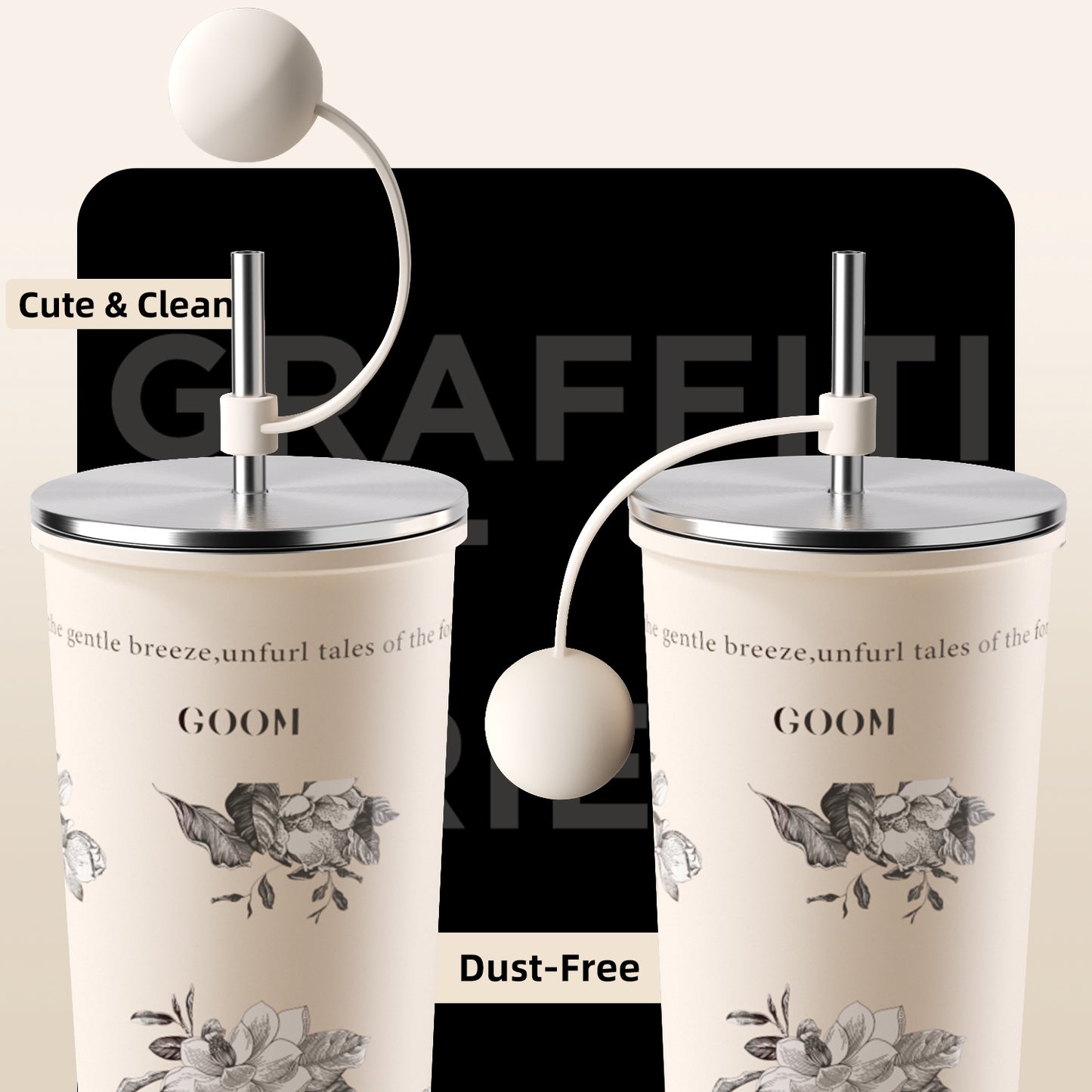 GOOM [GRAFFITI ARC] 20oz Tumbler with Screw-Top Lid, Built-In Straw, and Dust-Proof Ball Cap - Floral Whisper