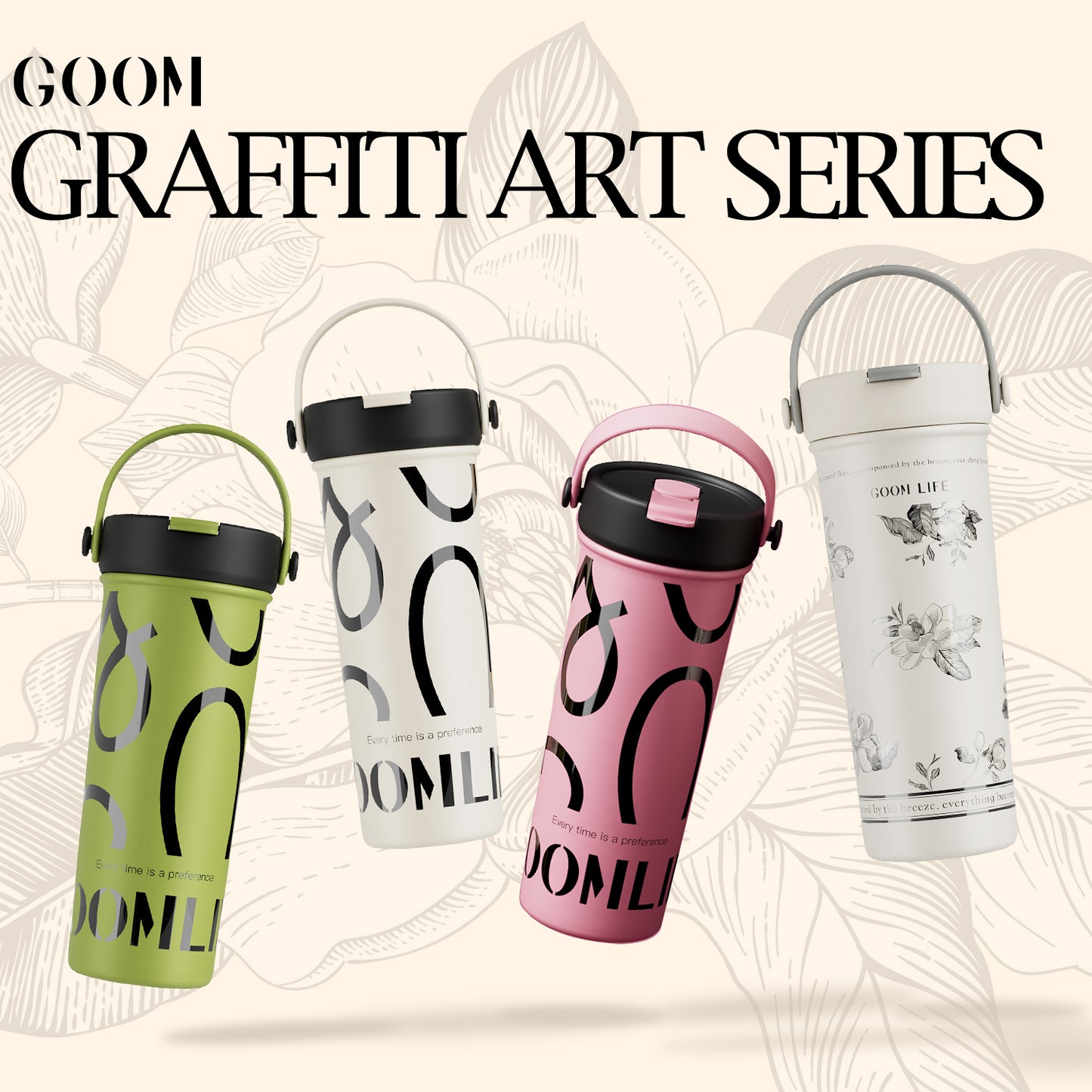 GOOM [GRAFFITI] 20oz Tumbler with Flip Straw and Top Handle - Floral Whisper