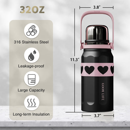 GOOM [THE GRIP] 32 oz Insulated Water Bottle with Lid, Carrying Strap and Strainer - Midnight Fuchsia