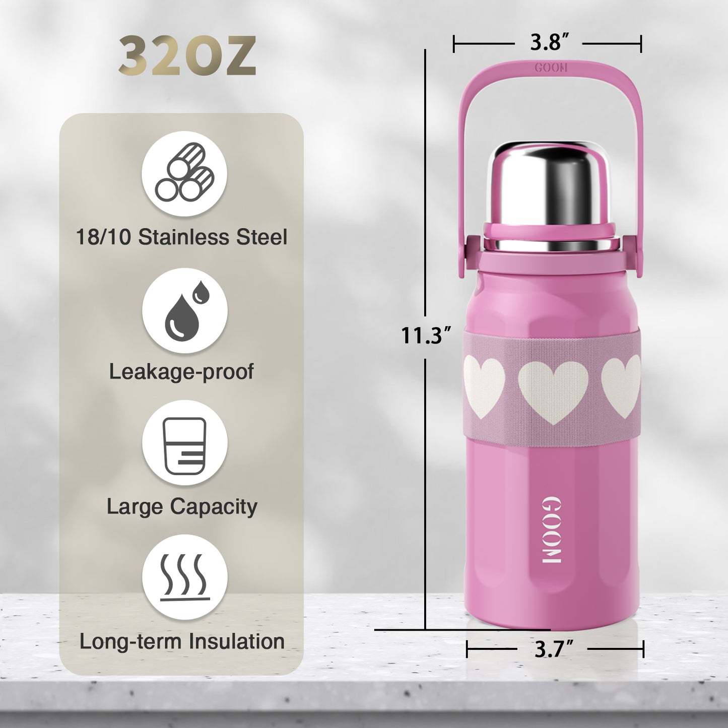 GOOM [THE GRIP] 32 oz Insulated Water Bottle with Lid, Carrying Strap and Strainer - Aurora Rose